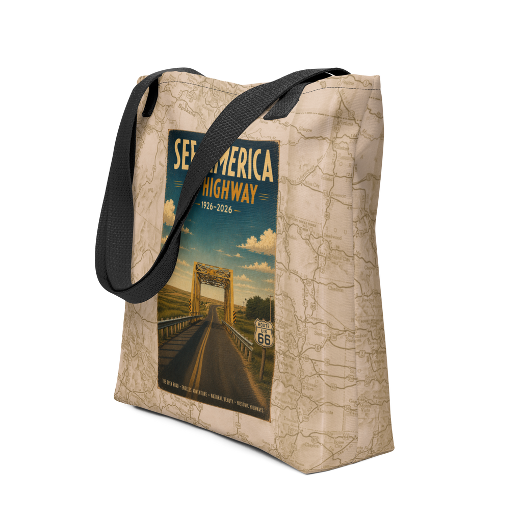 Route 66 Timber Creek Bridge Sayre Oklahoma WPA Travel Poster | See America by Highway 1926–2026: Tote bag